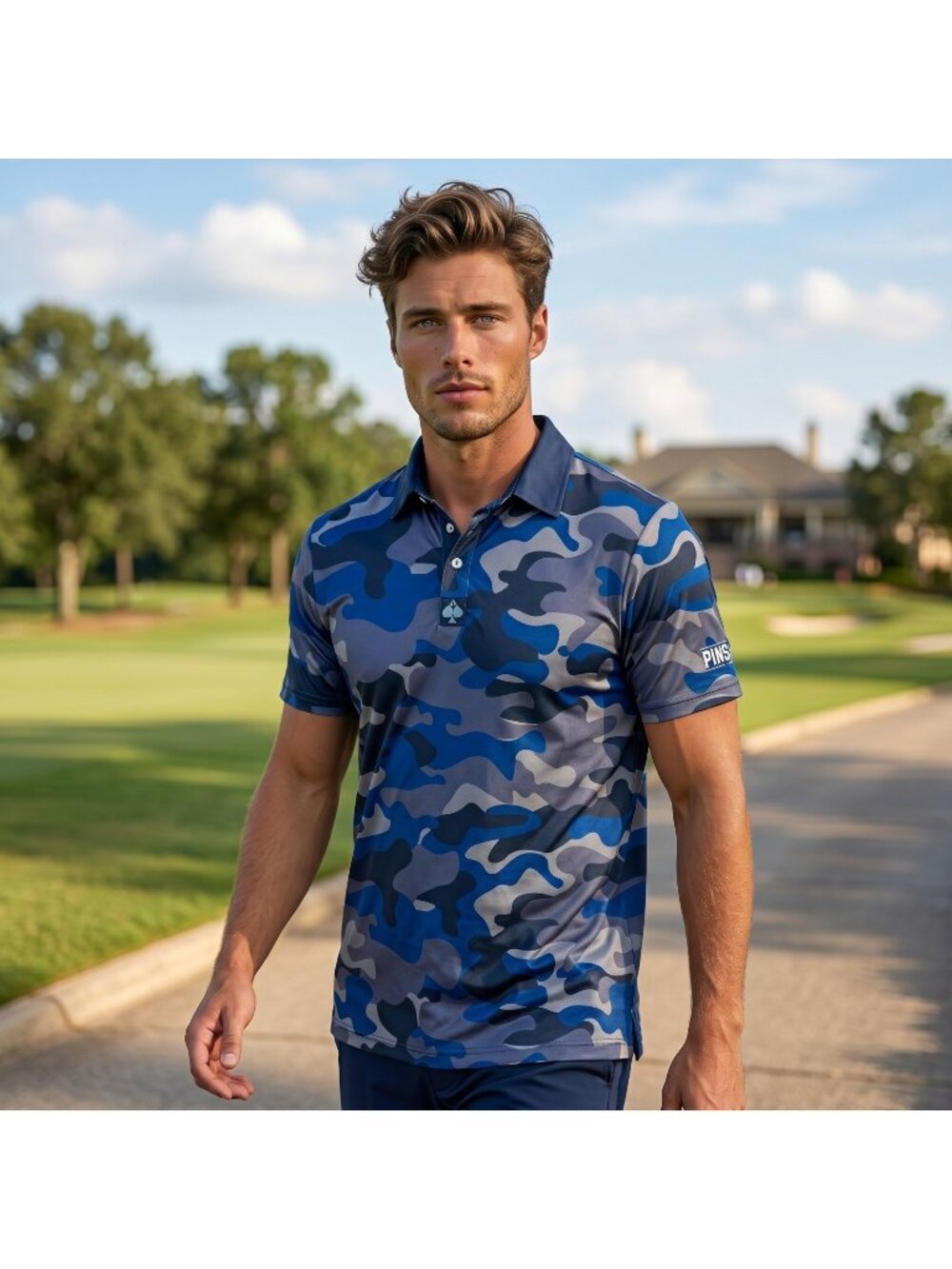 Pins & Aces Golf Co. Polo Shirt Mens Sz M Blue Camo Wicking Stretch